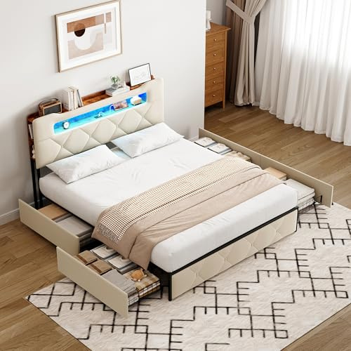 Sängram 140x190 med bäddunderlag, vadderad dubbelsäng med 4 lådor, med LED-belysning och USB-laddning, förvaringssänggavel, för vuxna och ungdomar, utan madrass (beige sammet, 140x190)