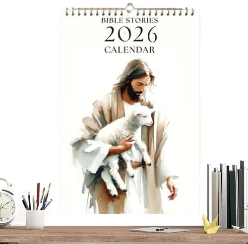 Calendario De Pared 2026 – Papel 27x20cm | Planificador Mensual De Historias Bíblicas Con Ilustraciones De Jesús Con Ovejas | Calendario Colgante Cristiano Para La Planificación Diaria Espiritual De L