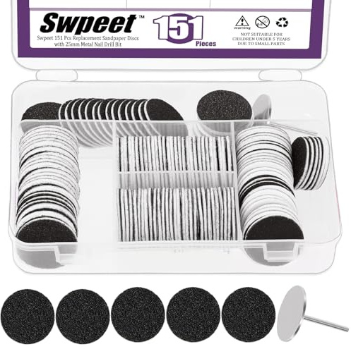 Swpeet 151Pcs Black 80# 120# 150# 180# 240# Grits Replacement Sandpaper Disc with Metal Nail Drill Bit Kit, Sanding Paper Discs, Self-Adhesive Sanding Discs Bits for Callus Remover Tool Polishing