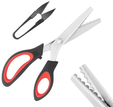 KUONIIY Zackenschere & Bogenschere, Scharfe Edelstahlklingen, Komfort-Griffe, Professionelle Schneiderei & Bastelarbeiten, 24cm, Schwarz-Rot