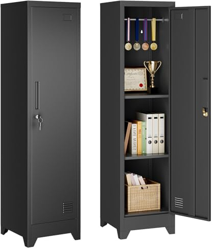 Dripex Metal Cabinet with Hanging Rail Lockable Steel Filing Cabinet Multi-purpose Storage Cabinet Steel Locker for School Home Office Garage 150 x 38 x 38 cm (Black)