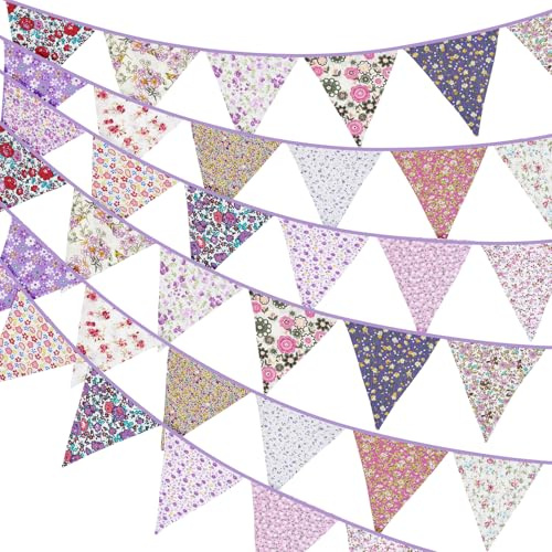 G2PLUS 36PCS Double Sided Fabric Bunting, 10M Purple Floral Cotton Banner, 17x19CM Large Triangle Garland Reusable for Indoor and Outdoor Party Decoration