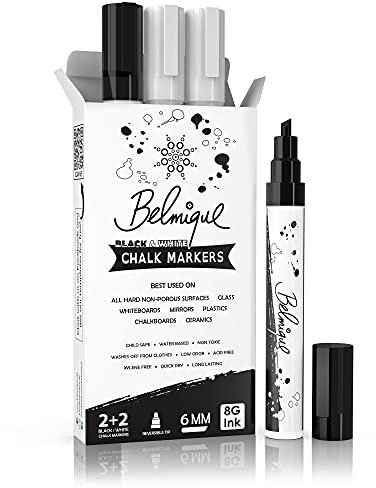 Belmique Kreidestifte 6MM Schwarz & Weiß - Abwischbare Kreidemarker 4er Set. Kräftige Farben für Tafel, Fenster, Whiteboard - Rund- & Schrägkeilspitze für perfektes Schreiberlebnis
