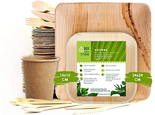 Box and Tree| 150 Pièces Vaisselle Jetable en Palmier 50x Assiettes, 75 Couverts en bois bambou(fourchette + couteau + cuillere) -25 Gobelets, Assiettes en Feuilles de Palmier Compostable & Neutre