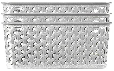 Curver My Style Rattan Effect Set of 3 Kitchen, Living room, Bathroom, Bedroom, Utility Medium Rectangular Storage Baskets 13 Litres - Grey