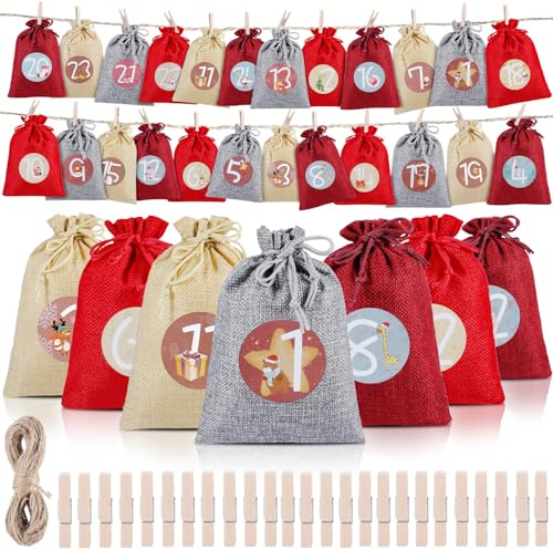 Adventskalender för fyllning, stor, 24 adventskalender, julkalender för att fylla själv, adventskalender gör-det-själv pyssel påsar med siffror, gör-det-själv jul hängande presentpåsar för barn