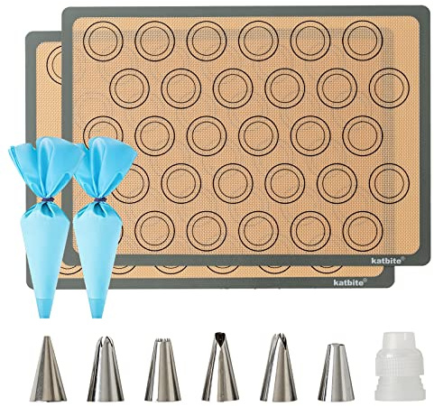 Macaron Silicone Baking Mats, Katbite Silicone Macaroons Baking Mat Set of 2 Half Sheet (11 5/8 x 16 1/2) Reusable & Nonstick Macarons Baking Supplies Silicone Bakeware Mats for Macarons Cookies