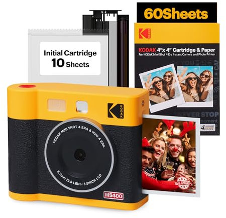 KODAK Mini Shot 4 ERA 4PASS 2-in-1 Sofortbildkamera und Fotodrucker (10x10cm) Sofortbildkamera + 10 Blatt im Lieferumfang enthalten + 60-Blatt-Patrone, Gelb