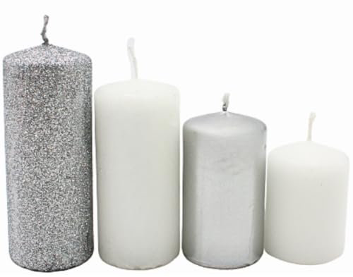 Candele a colonna a più livelli, candele dell'avvento, candele con corona dell'avvento, in argento e bianco, 4 misure - H 5-10 cm, diametro 4 cm ciascuna, 280 gr