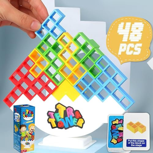 48 Pcs tetra tower balance game toy for Kids, Adults & Family, Balancing Blocks Board Games Stacking Fun Toy for Children, Teens, Adults, Friends, Parties