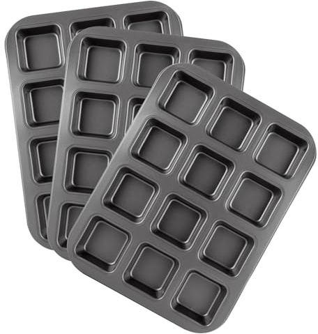 MUXHEL 3 Pcs 12-Cavity Brownie Pan with Dividers, 14 × 10.5 × 1.2 Non-Stick All Edges Cupcake Pan, Black Carbon Steel Square Muffin Pan for Oven Baking