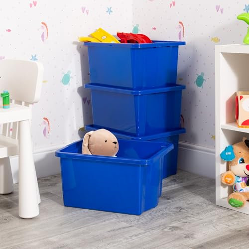 Wham Stack & Store 4 x 30L Plastic Storage Boxes | Ideal for Toys, Classrooms & Playrooms | Stackable & Nestable | Integrated Handles | Made in UK - Blue