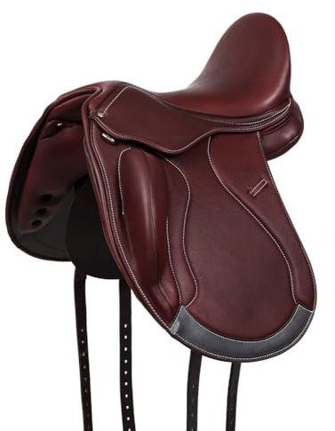 A&M Reitsport Dressur Sattel Chester aus Leder, wechselbares Kopfeisen, Polyflex Baum, Rot/Braun, Größe:18.5 Zoll