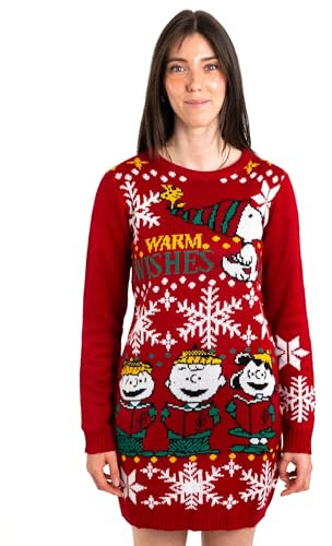 United Labels The Peanuts Snoopy stickad klänning för kvinnor – Warm Wishes jul vinter stickad jul röd