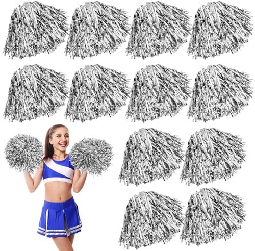 Leikurvo 12 Stücke Cheerleading Pom Poms: Sport Pompons Cheers Ball Pompoms Cheerleader Pompons für Sportveranstaltungen Ballspiele Tänze Karnevalspartys Verwendet (Silber)