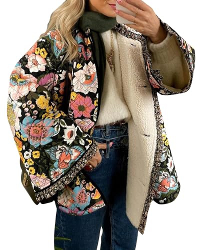 SANSIWU Women's Cropped Puffer Jacket Floral Print Padded Quilted Coat Long Sleeve Lightweigt Vintage Padded Jacket Outerwear (G-02, L)