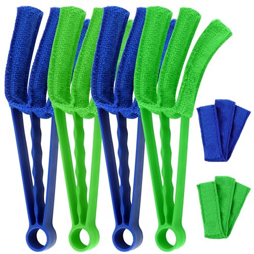 4 plumeros para persianas, cepillos de limpieza para radiadores, con funda de microfibra para persianas, aire acondicionado y radiadores (verde y azul)
