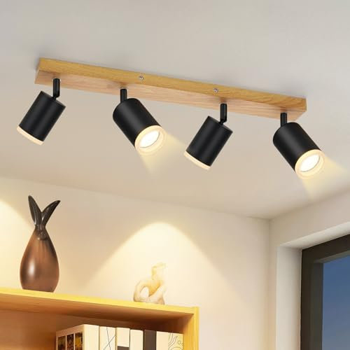 ZMH Deckenstrahler 4 Flammig Deckenspots Schwarz - Küchenlampe Holz GU10 Wandstrahler 350° Drehbar Vintage Küche Strahler Industrial Retro Spots für Wohnzimmer Schlafzimmer Flur (Ohne Leuchtmittel)
