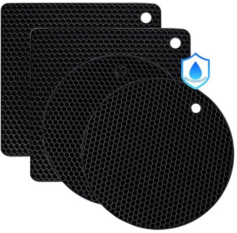 AMSGANK Salvamanteles de Silicona, 4 Piezas Sostenedor de Pote de Silicona Estera Antideslizante, Resistentes al Calor, Apto para Lavavajillas (2 Redondos 17,5 cm y 2 Cuadrados 18,5 cm, Negro)