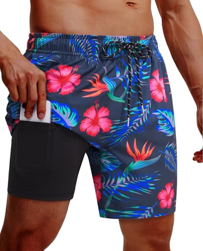 Gleeease Mens Swim Trunks with Compression Liner Board Shorts Men's 7 inch with Compression Liner Pockets Drawstring 2 in 1 Quick Dry Stretch Lined Funny Beach Swimming Navy Flower X-Large