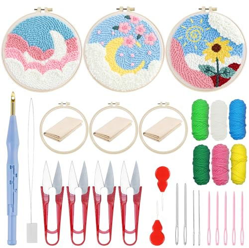 Woohome Punch Needle Kit, Stansnål Broderisats, Punch Needle Duk, Färggarn och Punch Needle Verktyg för Vuxna, Nybörjare (Solros och Solros)