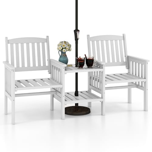 KOMFOTTEU Set da Bistrò in Legno di Abete, Set da Giardino per 2 Persone con 2 Sedie e Tavolino con Foro per Ombrellone, Salotto da Giardino Esterno, per Balcone, Terrazza, Cortile, Patio, Bianco