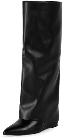 Modatope Black Slouchy Knee High Boots for Women Chunky Heel Fold Over Fall Tall Boots Pointed Toe Long Shark Boots Size 8.5