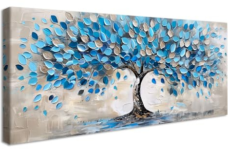 Marco de Madera Grandes Cuadros Decoracion Salon Modernos Árbol Abstracto Pintura Árbol Azul Plata Lienzo Decorativos Estética Neutra Pintura Imagen Cuadros Decorativos Salon Dormitorio 50x120cm