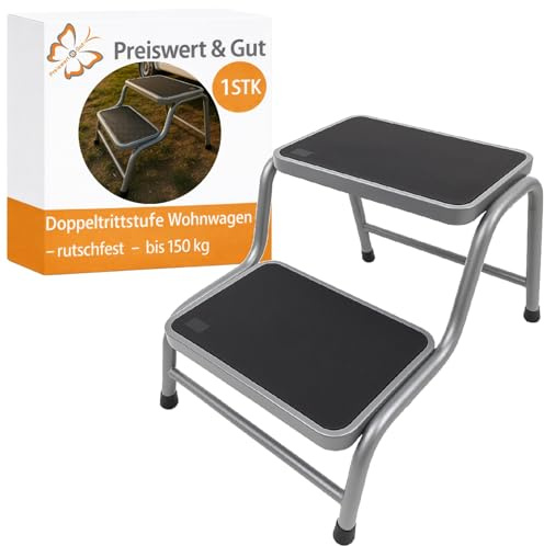 Preiswert & Gut Doppeltrittstufe Wohnwagen aus Stahl – rutschfeste Trittstufe mit 2 Höhen (20/38 cm) Ideal für Camping, Wohnmobil & Caravan 2 Stufen bis maximal 150 kg Traglast