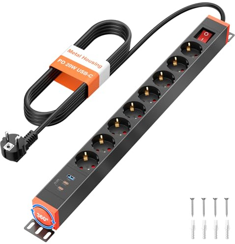 Ohuo Steckdosenleiste 8 Fach mit USB C PD 20W, 8fach Mehrfachsteckdose mit 2 USB C Wandmontage Schwarz, 360° drehbares Montagebracket, 1,8m Kabel, Metallgehäuse