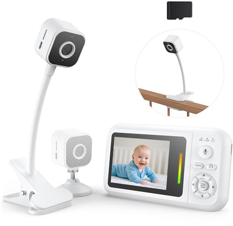 Baby Monitor with Camera and Night Vision - 1080P HD Baby Camera Monitor with Cot Clip & Holder, No WiFi, Secure 2.4GHz, Cry Detection, 4X Zoom, Reminder, Temp Sensing & Lullabies, SD Card Included