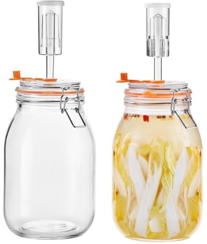 JILLMO Fermentation Jar, 1.8 Liters Glass Fermenting Kit for Making Sauerkraut, Hot Sauce, Mead, Cider and More, Pack of 2