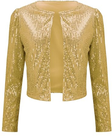Nyårsaftons outfit damer paljetter, kofta damer korta eleganta toppar paljetter kavajjacka elegant axeljacka mode ytterkläder ledig karneval kostym glamour kontorsjacka öppna toppar, Guld, 3XL