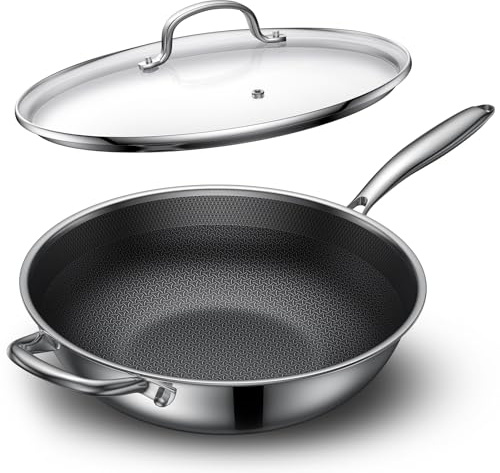 Uven Traoqq 12.5-Inch Hybrid Nonstick Wok, Stainless Steel Wok Pan with Lid, Laser-Textured, PFOA-Free Woks & Stir-Fry Pans, Induction Ready, Oven & Dishwasher Safe for Gas Electric Glass Cooktops