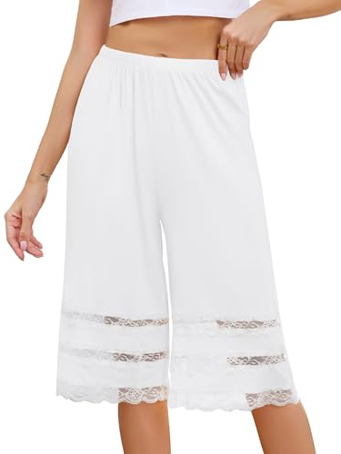 Vlazom Women's Pettipants Bottom Half Slip Culotte Slip Shorts Pajama Pants Lace Trim Wide Leg Bloomers White,Large