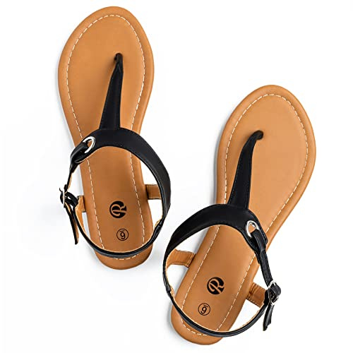 Rekayla Black Women's Flat T-Strap Sandals with Adjustable Buckle, Summer Casual Thong Sandals Comfortable Open Toe Slip-On Shoes, Size 7
