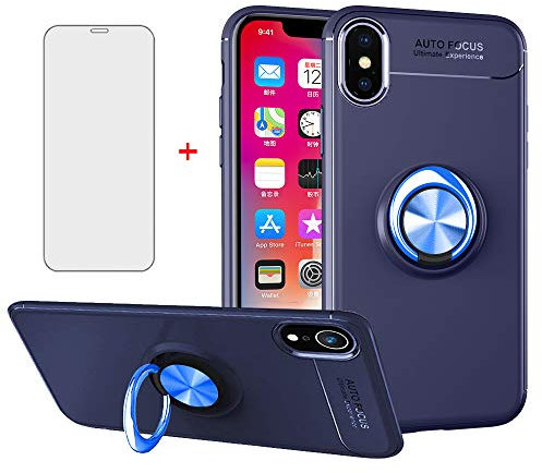 Phone Case for iPhone XR with Tempered Glass Screen Protector Cover Magnetic Ring Holder Cell Accessories Stand Slim Full Body Silicone Shockproof Protective iPhoneXR i 10XR 10R 10 X R RX Blue