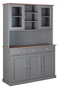 Inter Link – Vitrinenschrank – Buffet-Schrank – Esszimmerschrank – Geschirrschrank - Laudhausstil – Massivholz FSC – 5 Türen – 3 Schubladen – Luzerna 6.1 - Grau/Sepia