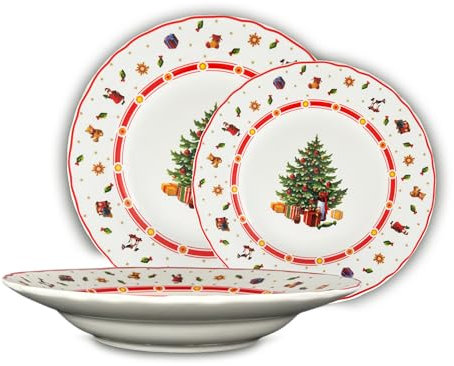Arca, Set di 18 Piatti Natalizi in Porcellana, per Lavastoviglie e Microonde, Resistenti e Duraturi, con Decoro Albero di Natale, in Diverse Misure