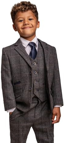 Boys Wool Blend Suit Herringbone Check Tweed 3 Piece Albert Grey, Age 14 Years