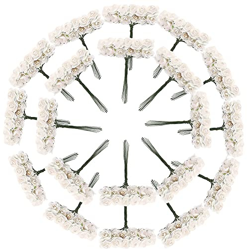 CCINEE 144pcs Mini Paper Flowers,Mulberry Paper 1/2 Artificial Rose Flower with Stem for DIY Crafts Projects Scrapbooking Wedding Decorations (White)