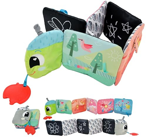 Lamaze Colorful Journey Caterpillar High Contrast Baby Book - Soft Fabric Baby Sensory Books - Includes Chewy Apple for Teething Babies - Baby Sensory Toys Ages 6 Months and Up