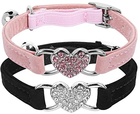 cobee Bling Heart Katzenhalsband mit Glocke, verstellbares Kätzchenhalsband mit Sicherheitsgurt, Strass Haustierhalsband für kleine Katzen und Hunde (Rosa) (Schwarz+Rosa)