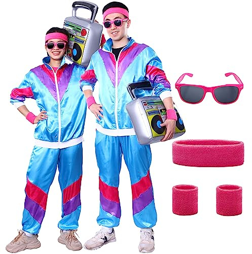 Ficlwigkis 80s 90s Costume Men Women,6 Pcs Blue 80's Shell Suit Outfit Fancy Dress Costumes with Headband Wristbands Glasses for Carnival Party