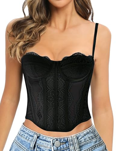 GainKee Corsetto in pizzo da donna in pizzo bustier corsetto top con cinghie corsetto da donna corsetto per uscire partito crop top, nero, Large