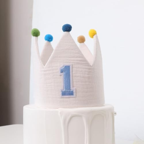 HODIHIWI Muslin Crown Hat First Birthday for Baby Boy Girl Party Decoration 1st Blue Headband