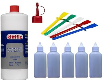 Kittifix Kartonmodell-Bastelkleber 1000g + 5 leere 80ml Flaschen + 5 Kleberspachteln