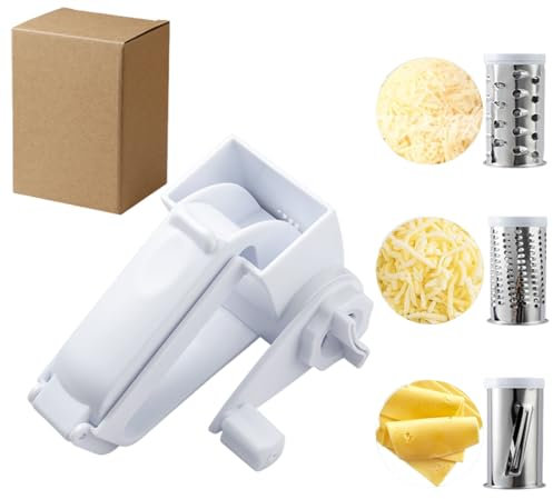 Quixotical Grattugia per Formaggio, Grattugia Manuale per Formaggi Duri, Grattugia Rotativa per Formaggio con 3 Lame in Acciaio Inox, per Formaggio, Cioccolato e Noci