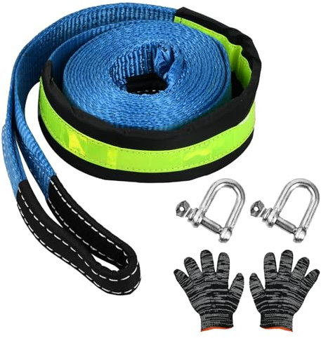 Abschleppseil, 10 Tonnen Abschleppseil PKW, 5M x 5CM Abschleppseil Auto mit Reflektierenden Streifen, 22000 Lbs KFZ Notfall-Abschleppgurt mit 2 Verstärkten Haken, Handschuhen