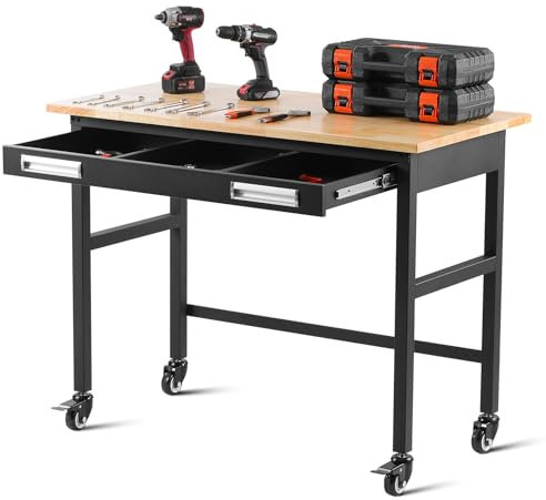 VEVOR Banco de Trabajo de 121.92cm, Capacidad de Carga de 680.39kg, Banco de Trabajo con Cajón Deslizante y Ruedas, Mesa de Trabajo Resistente con Cubierta de Madera de Roble para Garaje